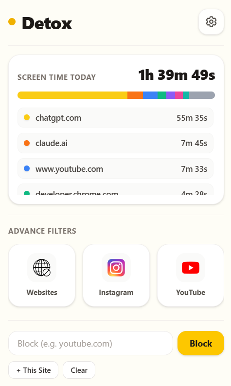 Detox extension home screen showing screen time today, website usage rows, advanced filters, and a block input