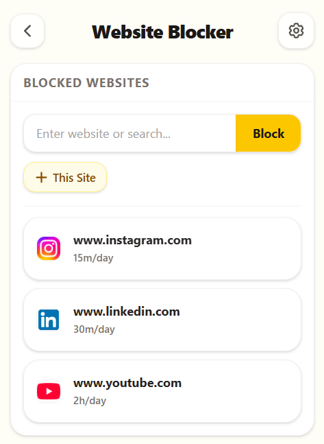 Detox extension settings for blocking distracting websites