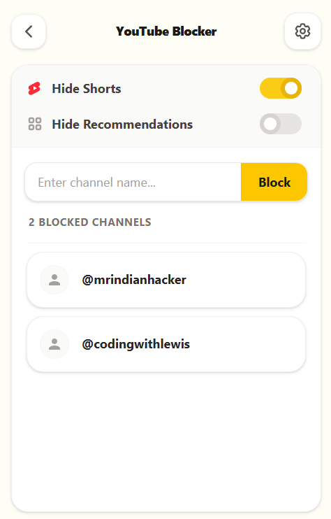 Detox YouTube blocker screen showing Hide Shorts enabled and two blocked YouTube channels